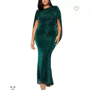 Betsy & Adam cape metallic gown.